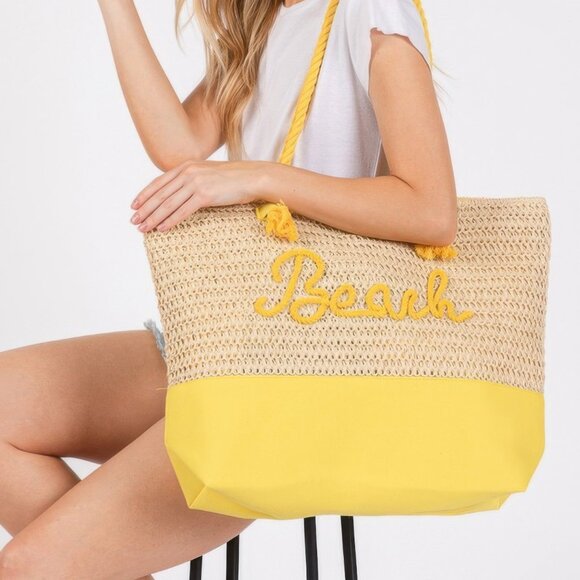 Color Sewn Rope Beach Letter And Strap Crochet Fabric Tote - Picture 1 of 10